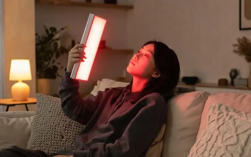 Personne assise devant un panneau de lumière rouge tenu à distance dans un salon, séance de photobiomodulation à domicile