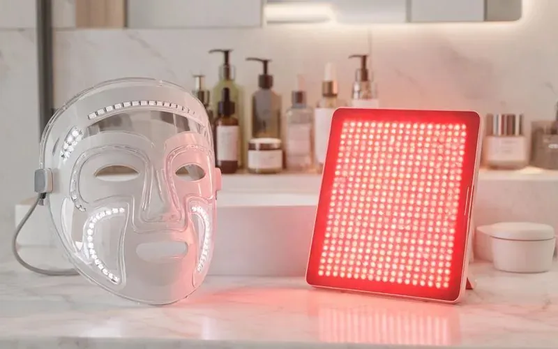 Masque LED facial et panneau de lumière rouge posés sur une table de toilette claire, comparatif des dispositifs pour la peau